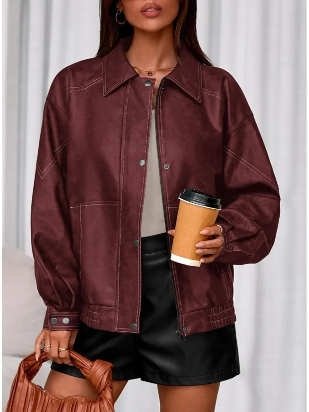 Women's Bomber Motorcycle Zip Up Jackets Oversized Faux Leather Jacket Wine Red